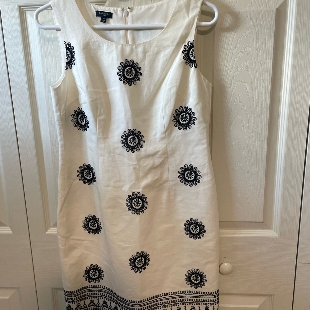 Talbots Cream Mini Dress with Black Embroidery